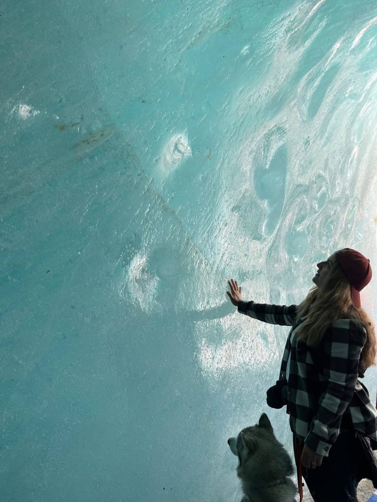 Chien à l’intérieur de la grotte de glace de la Mer de Glace à Chamonix