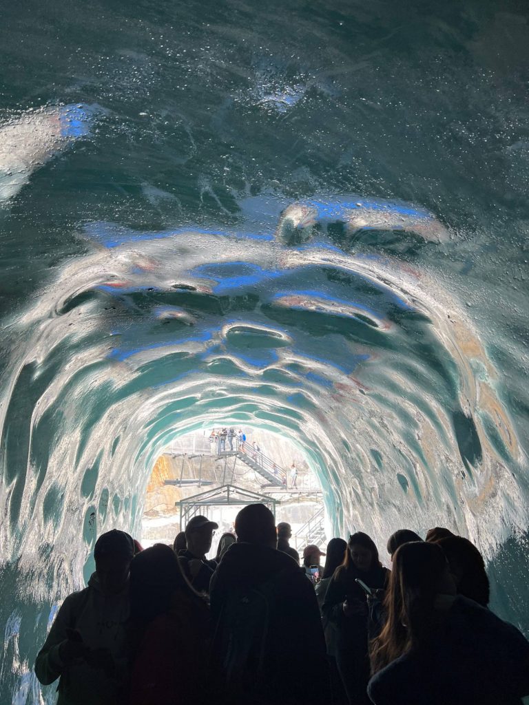 Entrée de la grotte de glace de la Mer de Glace accessible avec un chien